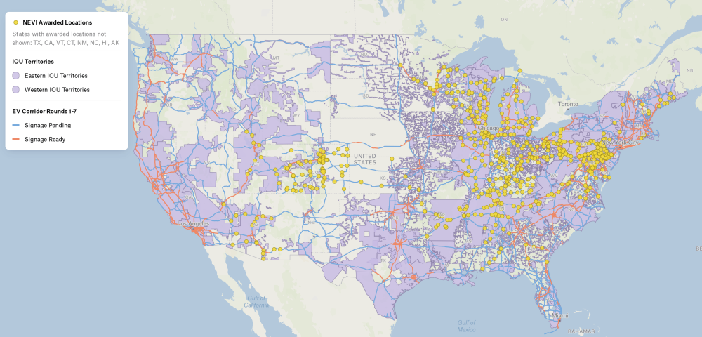 A map of EV chargers supported by the NEVI Program